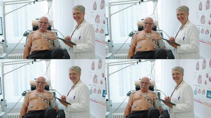 心脏病专家与老年患者在临床上使用心电图自行车