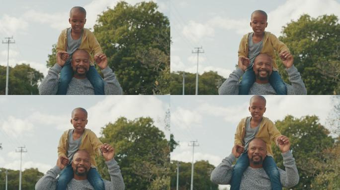 4k视频画面，一个英俊的成熟男子肩上扛着他的儿子在外面