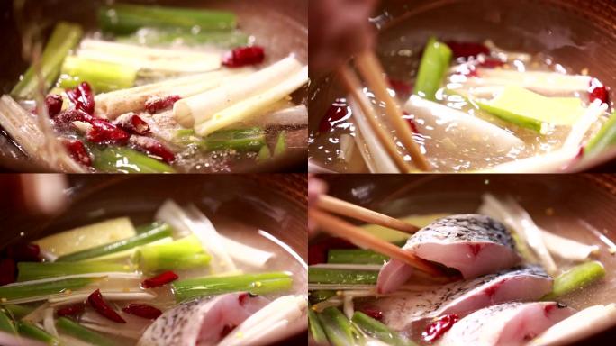 【镜头合集】厨师用葱姜水腌制鱼块 (2)