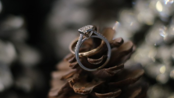 带有纹理背景的结婚戒指的微距镜头。婚礼主题。