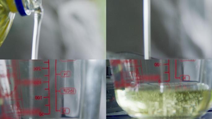 一个人将食用油从一个透明的塑料容器倒入一个透明的量杯中