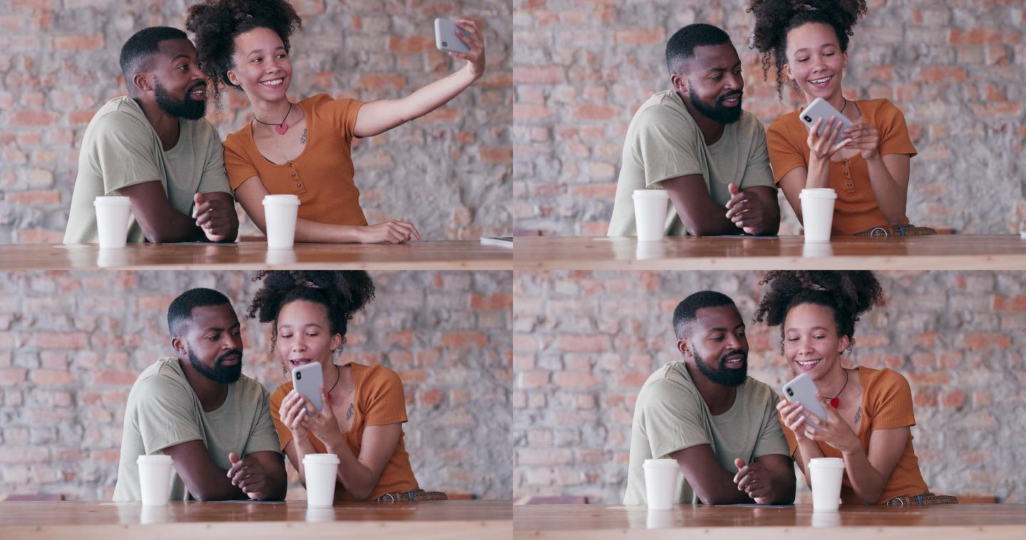 一对年轻夫妇在咖啡馆约会时使用智能手机自拍的4k视频片段