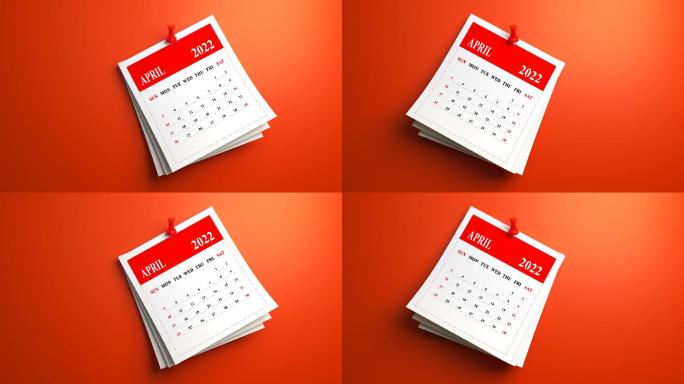 红色背景上的2022年四月日历。循环视频