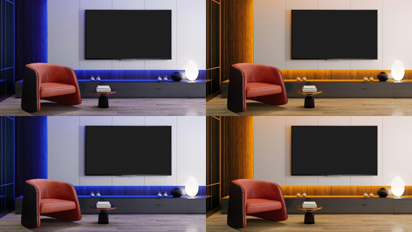 RGB灯黄蓝粉红快速循环-电视室现代极简室内，配备8K电视