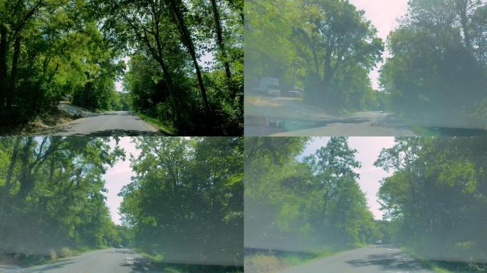 在一个阳光明媚的日子里，沿着田纳西州布伦特伍德附近的一条绿树成荫的道路行驶