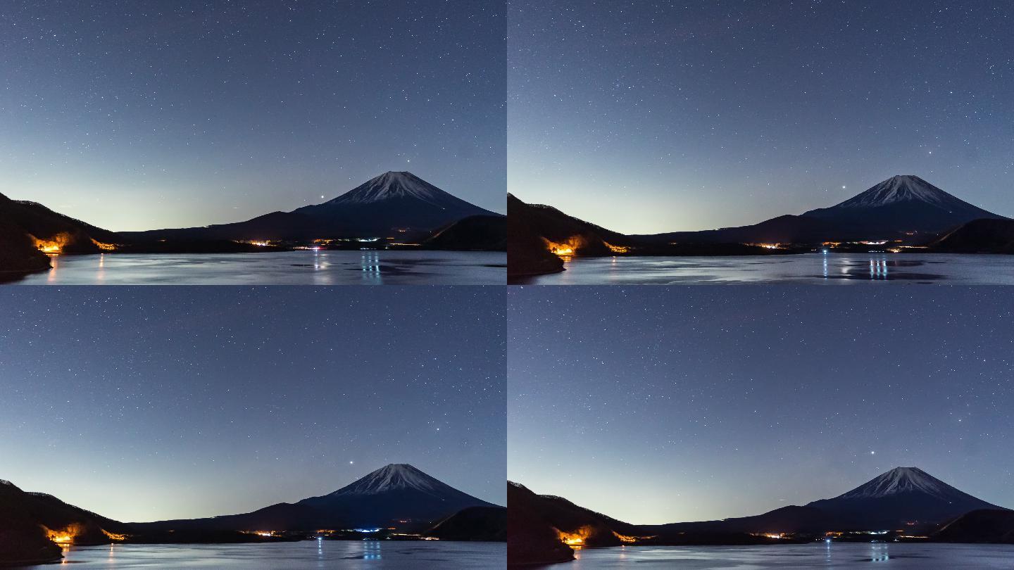 时过境迁：富士山与川口子湖星光轨迹鸟瞰图