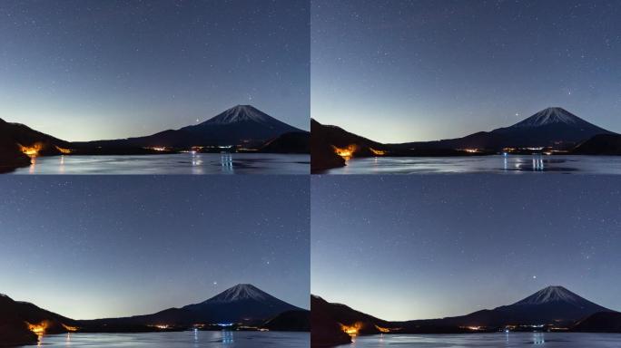 时过境迁：富士山与川口子湖星光轨迹鸟瞰图