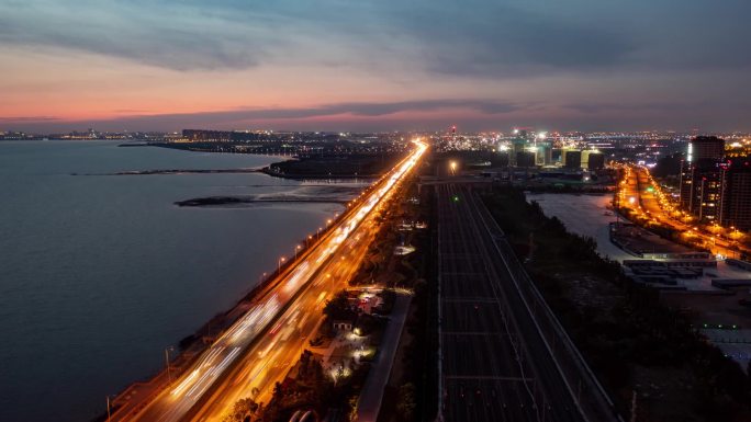 青岛市环湾路夜景航拍延时