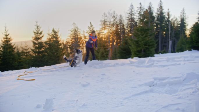 斯洛莫女士在雪坡上向她的狗扔飞盘