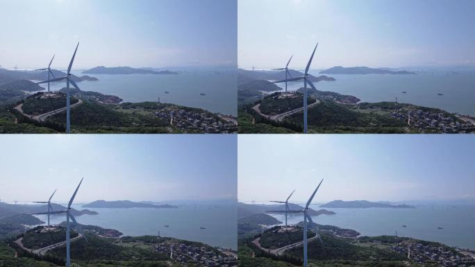 海边山顶风力涡轮机鸟瞰图