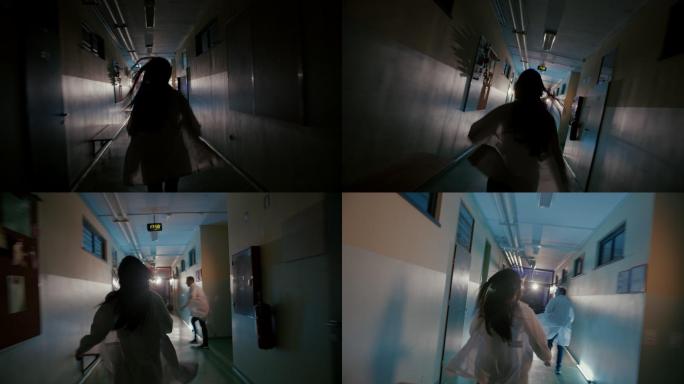 SLO MO两名急诊医生沿着医院走廊跑去救护车