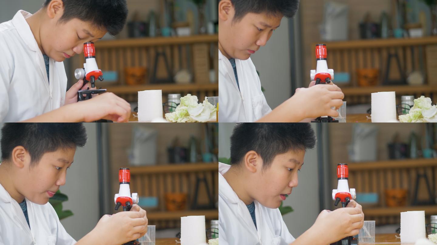 亚洲男孩在实验室里用显微镜检测外套，在家庭学校的实验室里，教育生活方式的理念。