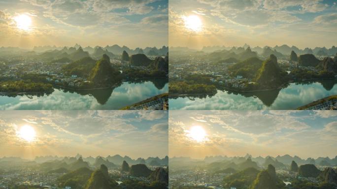 桂林象山漓江城市大气风景航拍延时日落片头