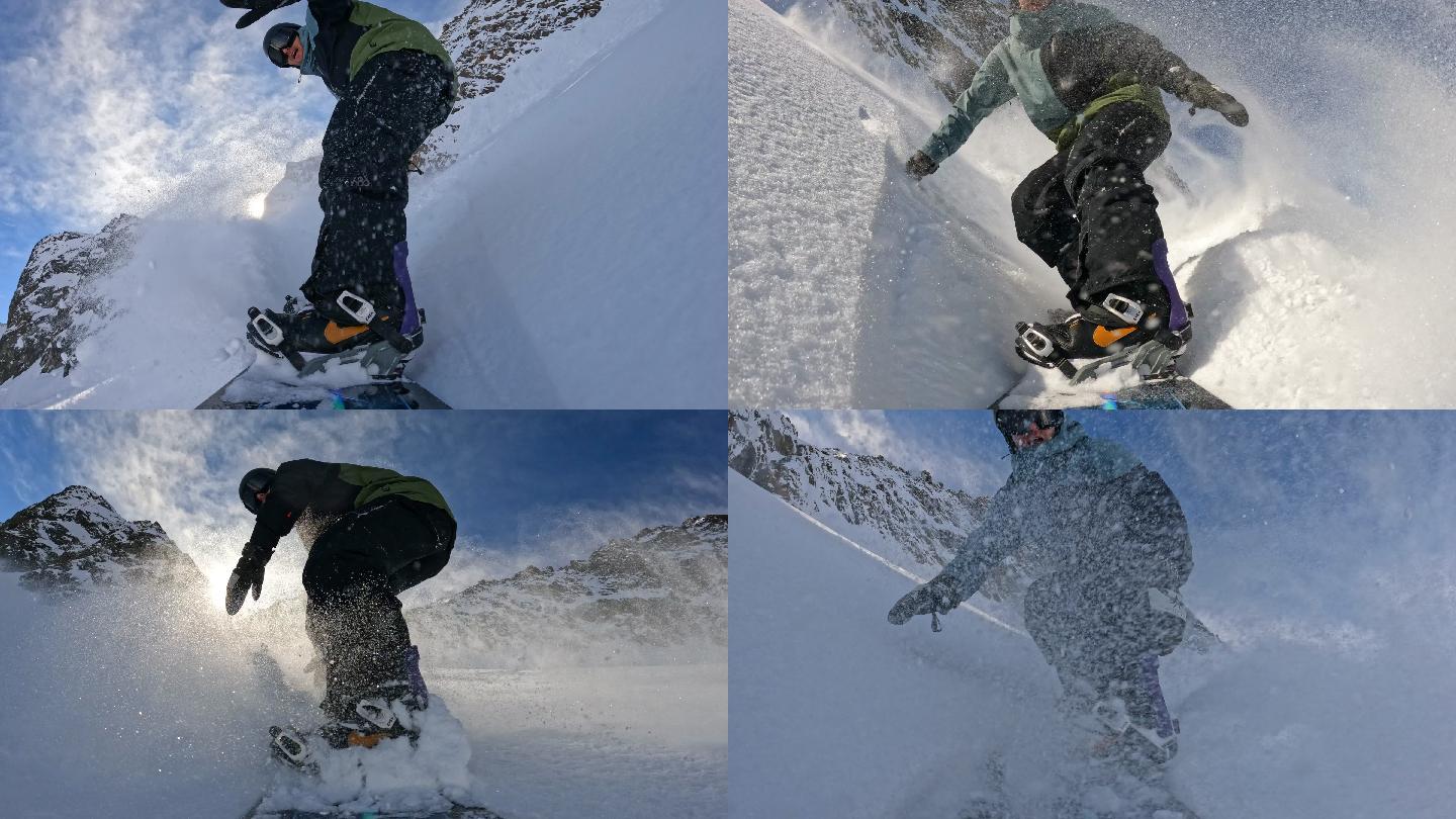SLO MO自由式滑雪板运动员从积雪覆盖的斜坡上下来