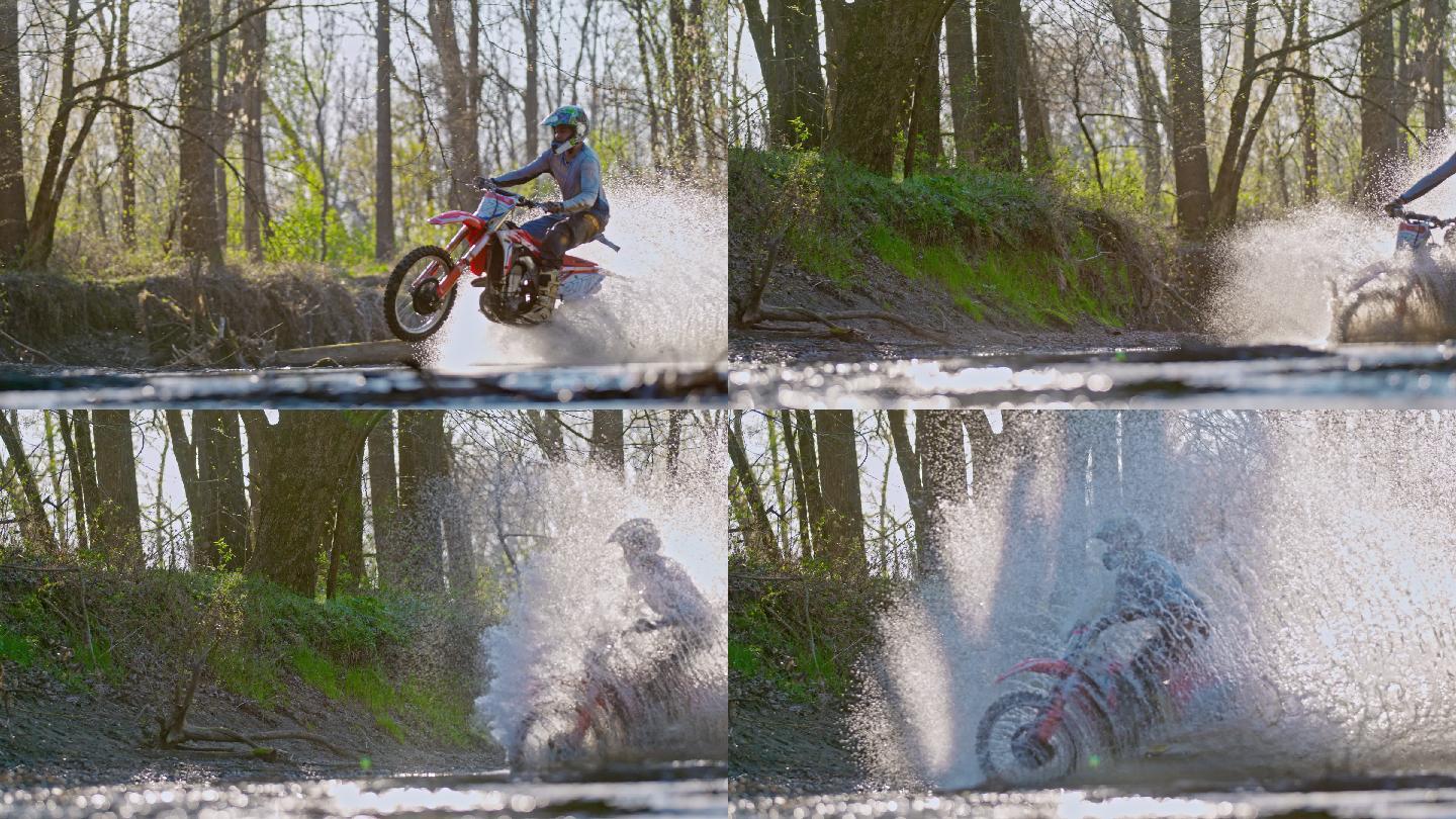 超级SLO MO越野摩托车骑手在森林中的溪流中骑行
