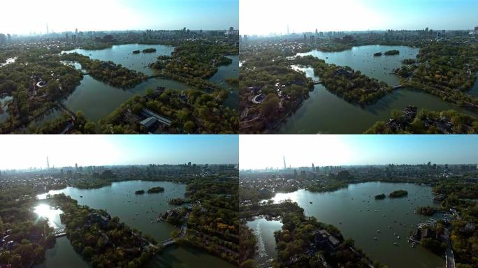 天津城市水上公园人工湖航拍视角