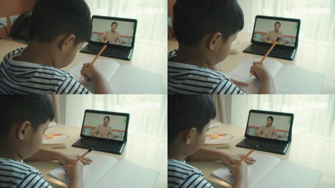 亚洲男孩正在家里参加在线课程。