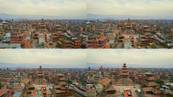 Bhaktapur Durbar广场缓慢接近的无人机视图