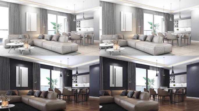 现代极简主义公寓室内设计。客厅，带厨房和餐厅。空白到纹理房间概念。