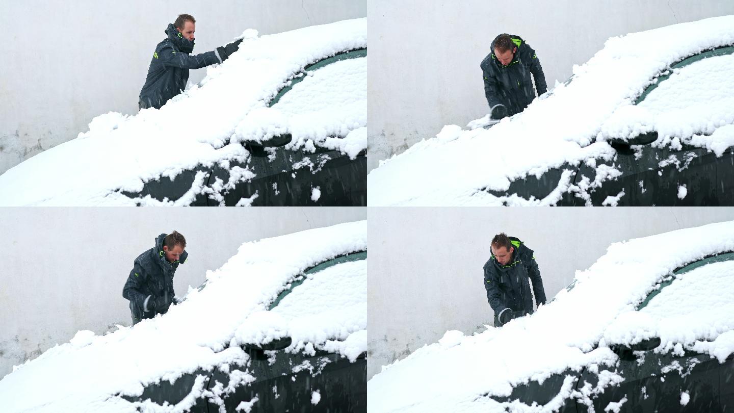 “这就是我讨厌雪的原因！”-年轻人正在清理汽车上的积雪
