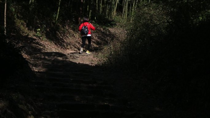 古道石阶女孩登山背影阳光