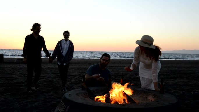 朋友们在海滩篝火旁烤棉花糖