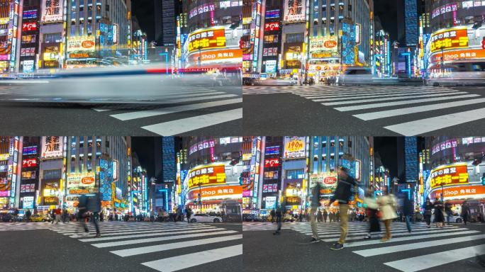4K延时：日本东京哥斯拉路新宿区夜间购物街上的交通和行人