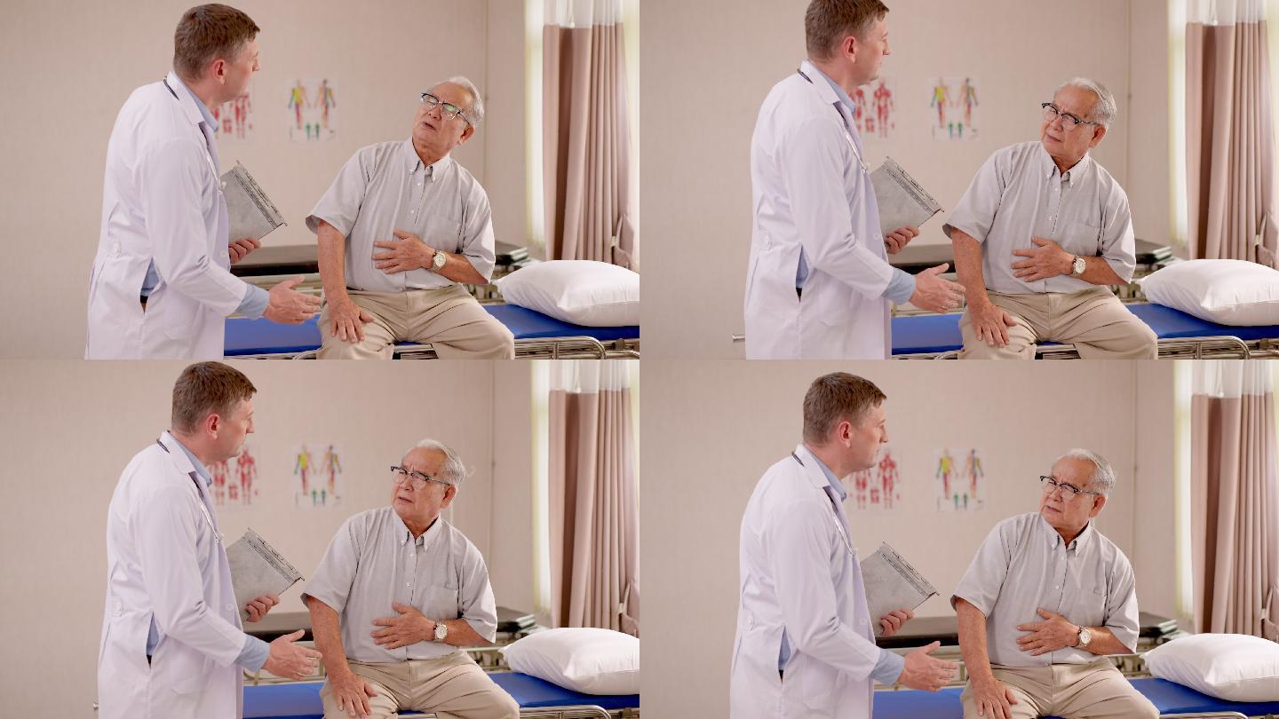 一位男性医生拿着病历表站在患者对面，解释他的胃痛，并试图检查症状。