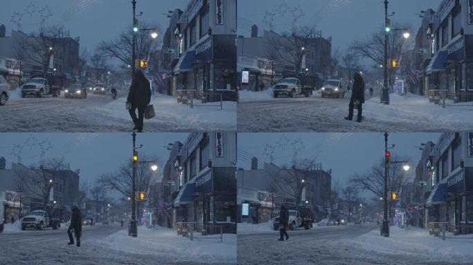 暴风雪纽约冬季黄昏郊区十字路口Astoria