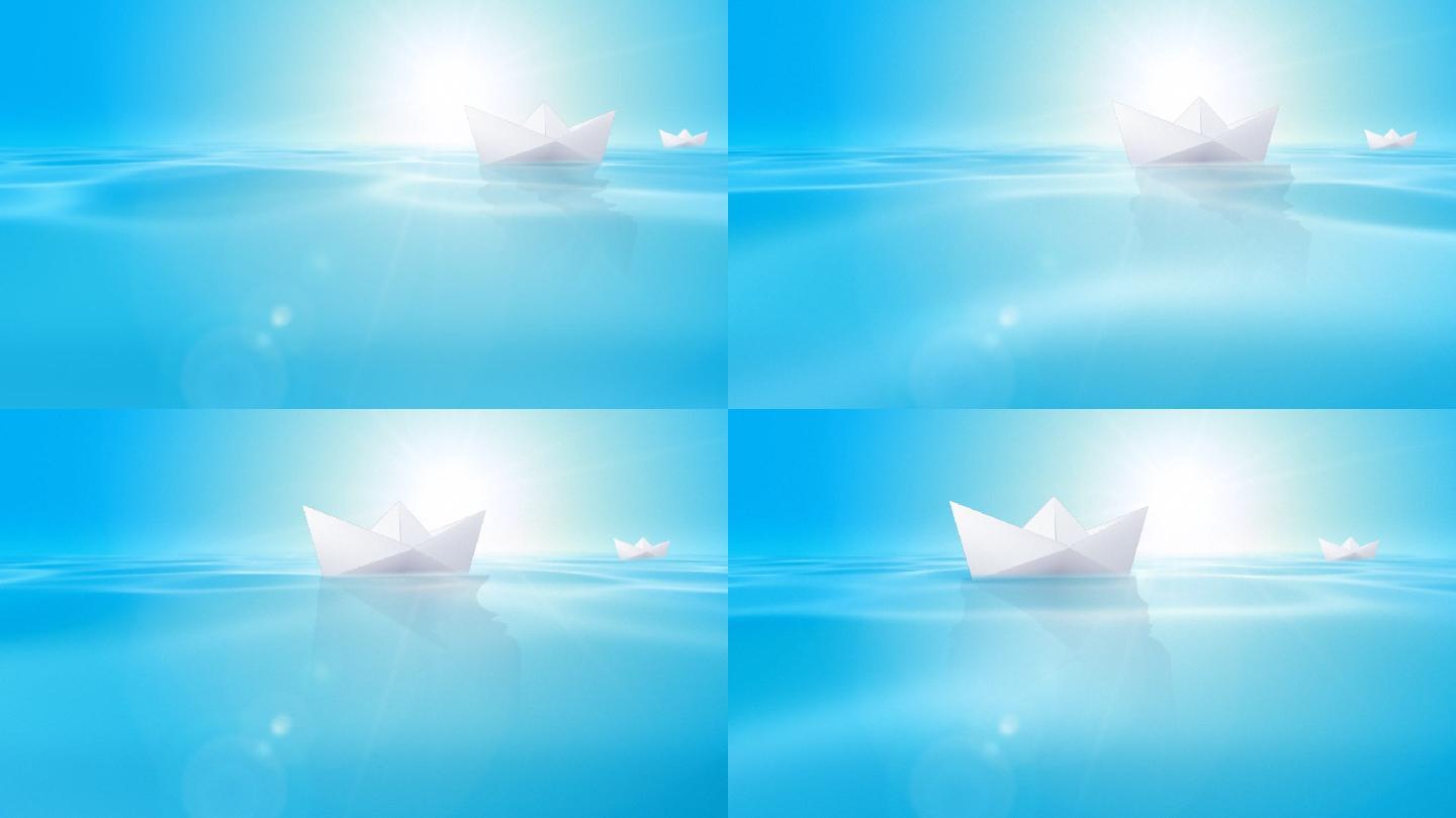 纸船和海洋。小小船蓝色紫色船舶
