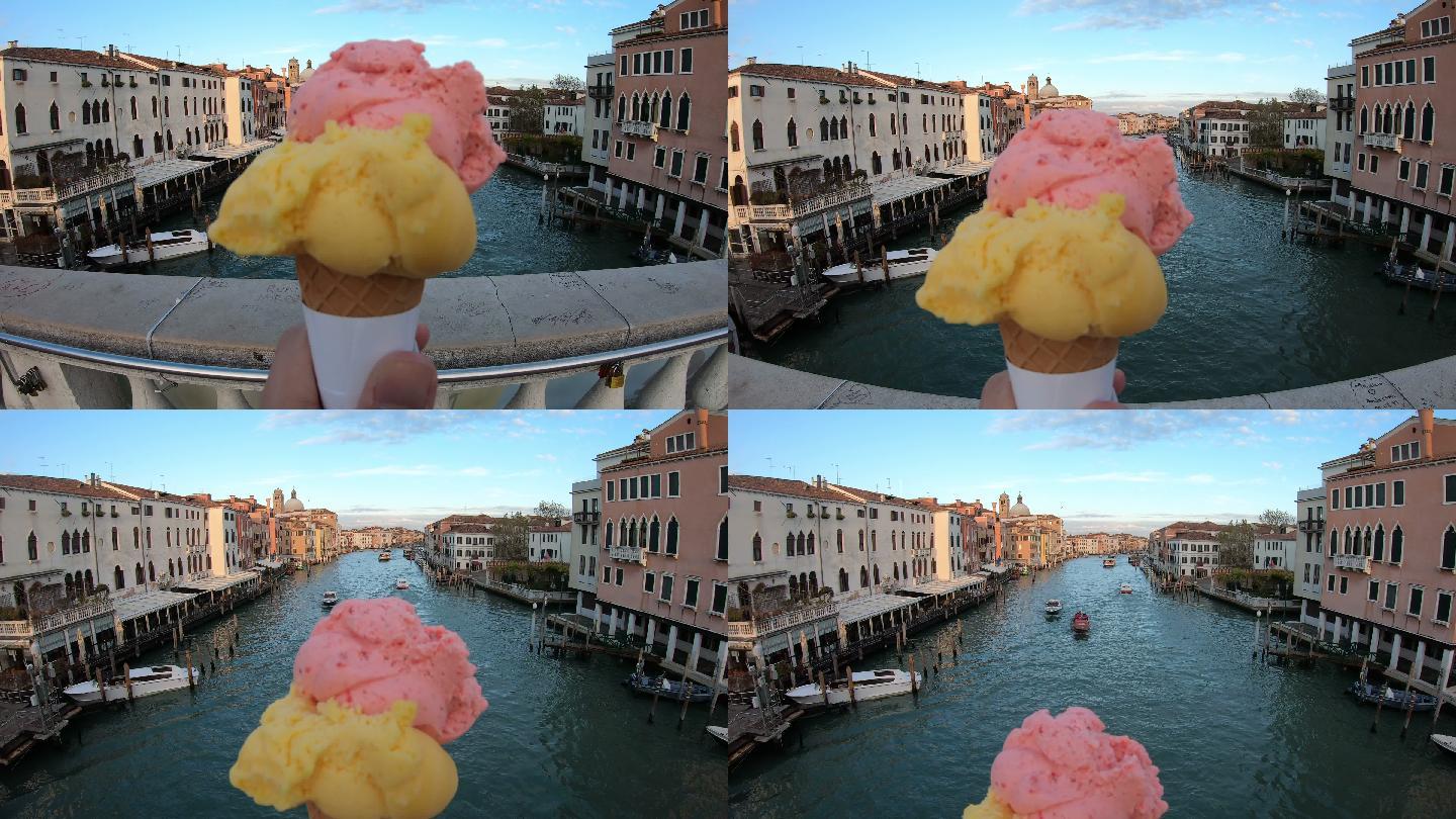 意大利威尼斯大运河手持冰淇淋的观点