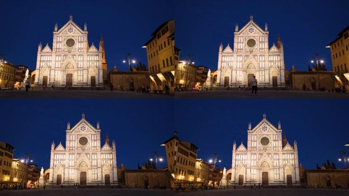 意大利佛罗伦萨夜间的圣克罗齐大教堂和圣克罗齐广场