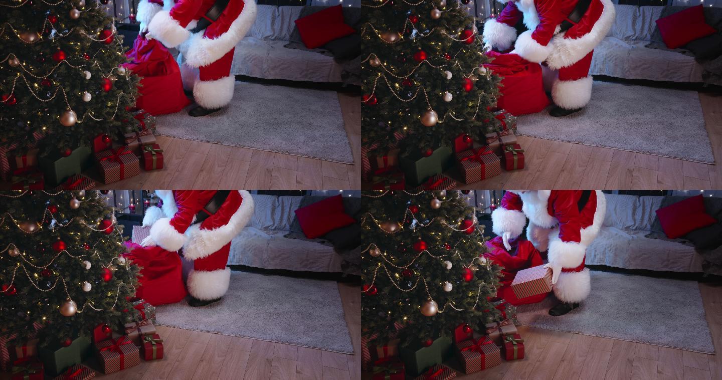 在一间现代公寓里，圣诞老人晚上把礼物放在客厅的圣诞树下。