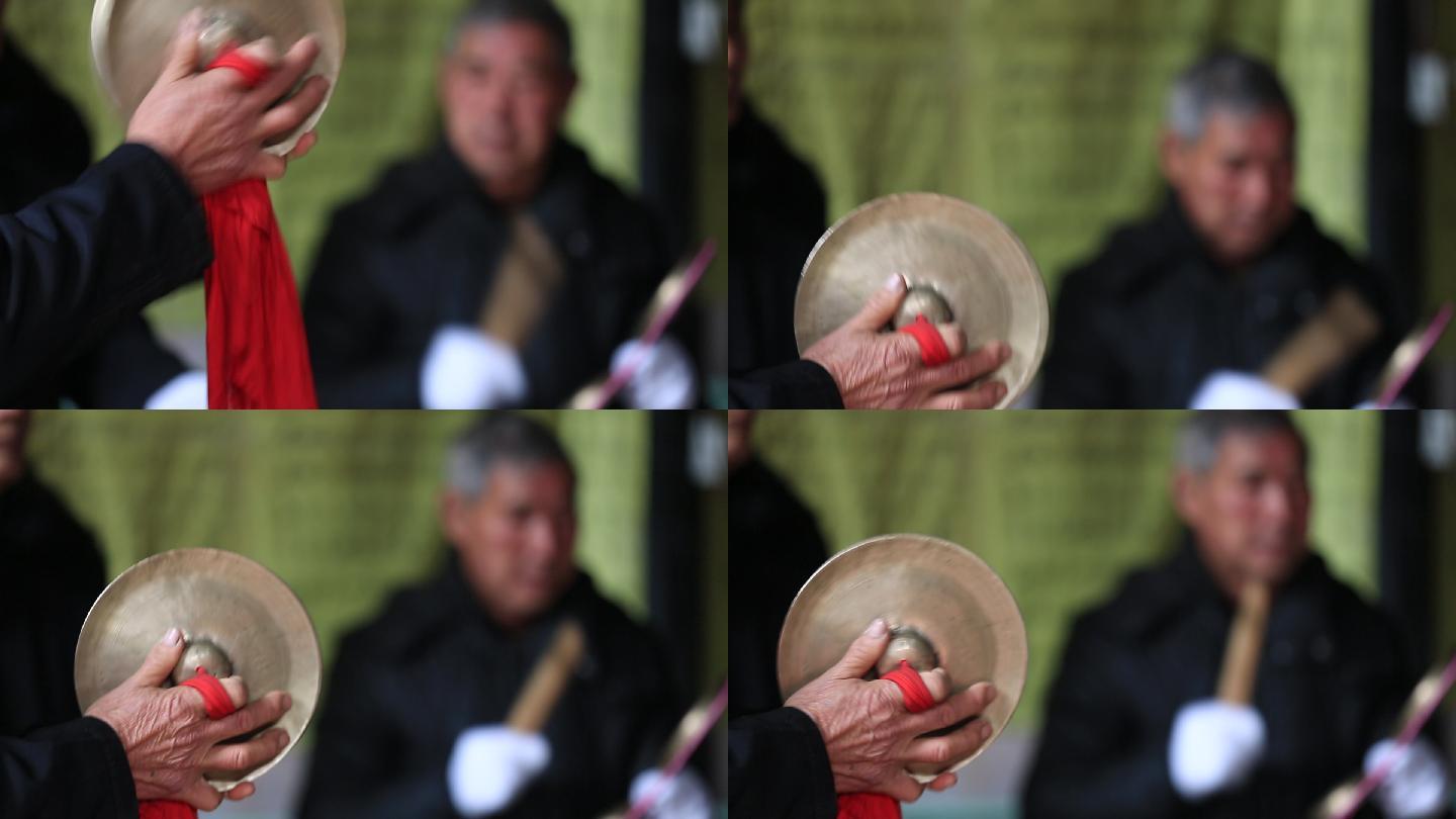 中国民间传统乐器乐队镲锣老人敲打场面