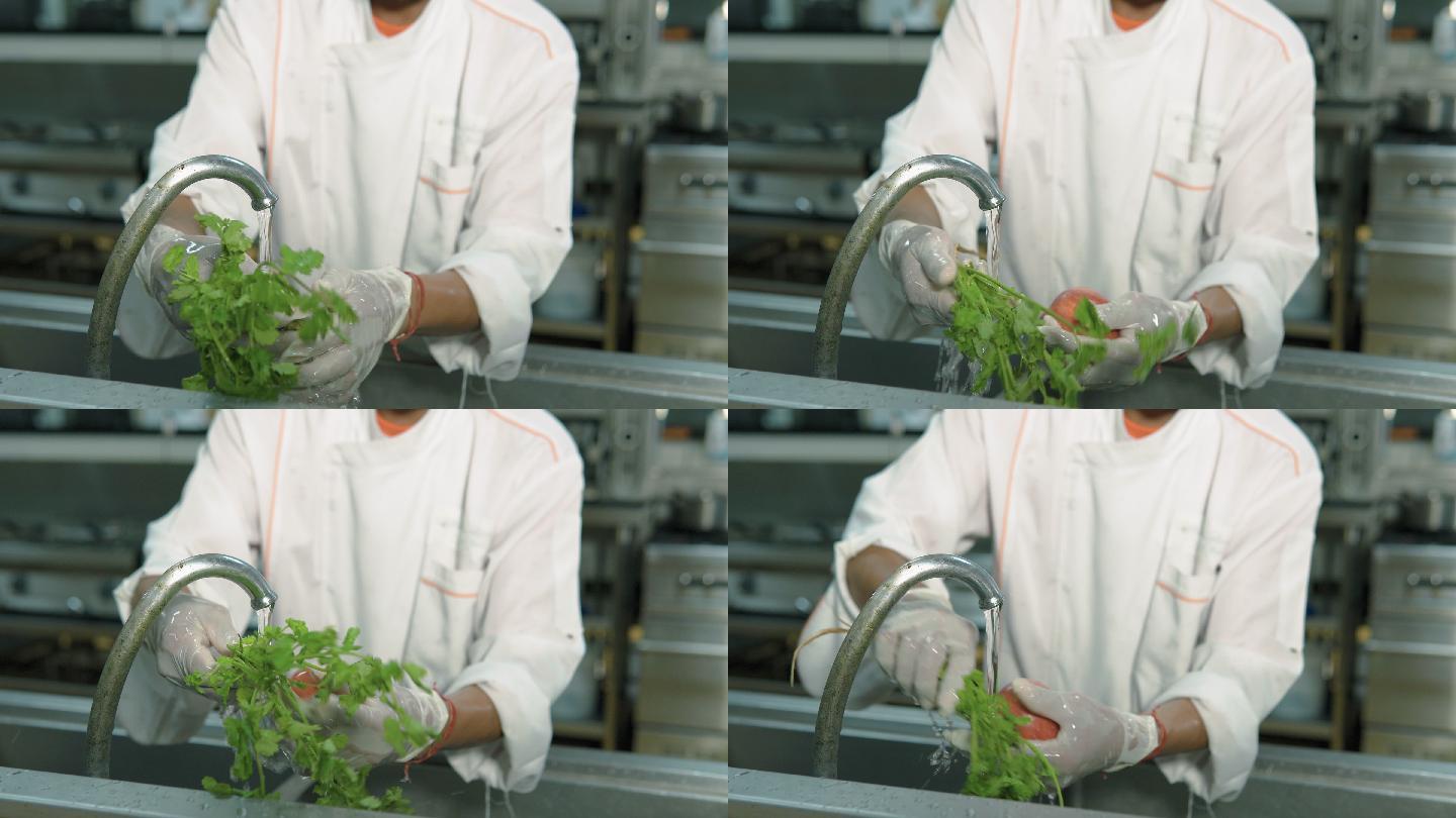 厨师在厨房清洗新鲜蔬菜的特写镜头