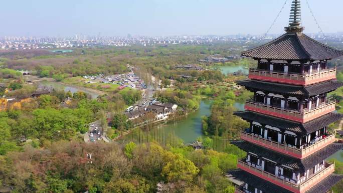 扬州旅游瘦西湖春天航拍大明寺-栖灵塔