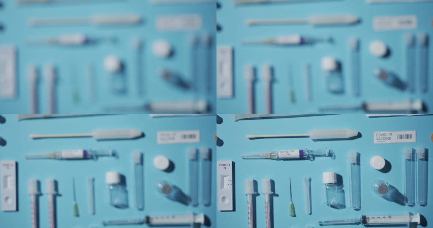 蓝色背景下许多医疗物体的慢动作视频