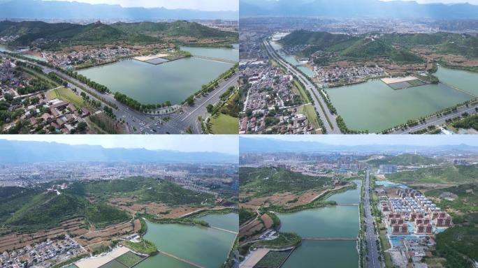 龙湖湖面航拍城市风景自然风景 锦绣河山