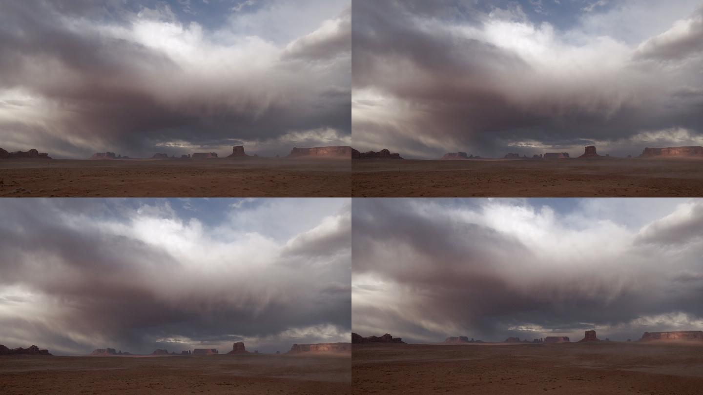 上升的无人驾驶飞机沙漠拍摄了纪念碑谷部落公园Merrick Butte和Mittens，带来了引人注