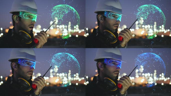 高加索人或中东工程师戴着高科技人工智能眼镜或虚拟现实眼镜，用对讲机检查炼油厂的状况。运动图形世界连接