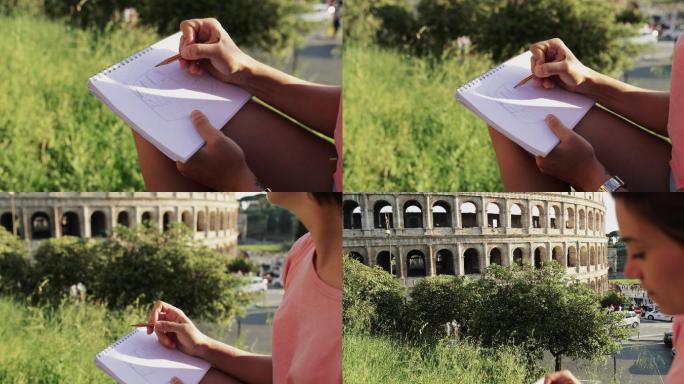 罗马女游客在速写本上画竞技场