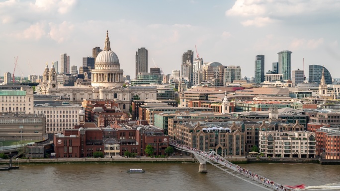 空中延时：英国伦敦圣保罗大教堂千禧桥上的行人通勤人群