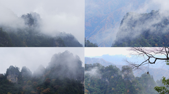 秋天云雾缭绕的深山