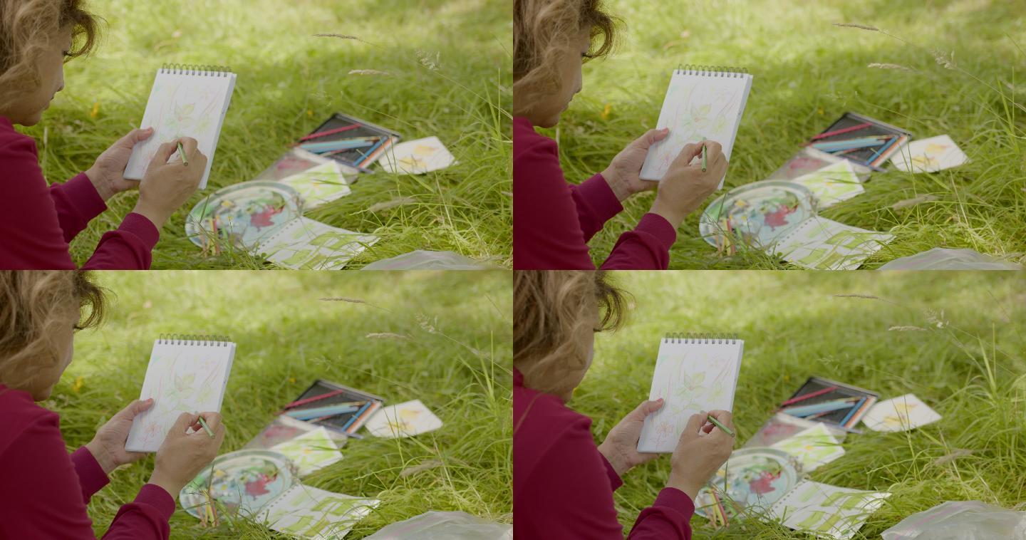 具有创造性草地上画画的小女生