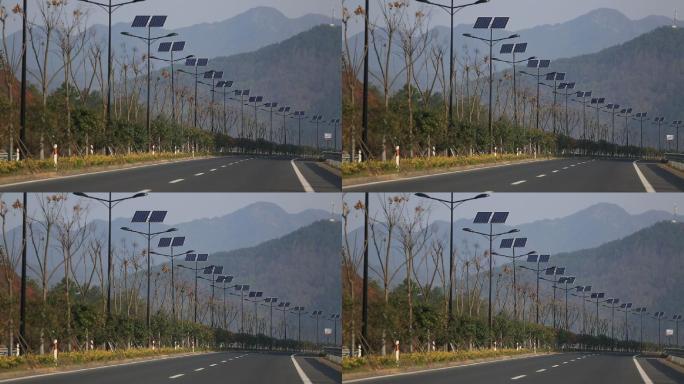 山区道路新能源太阳能路灯整齐画面
