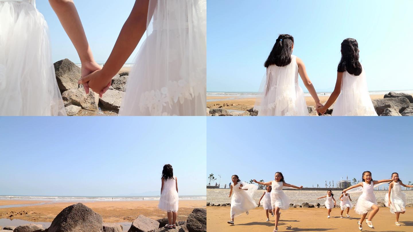 一群小女孩在海边奔跑 浪漫少女 海边女孩