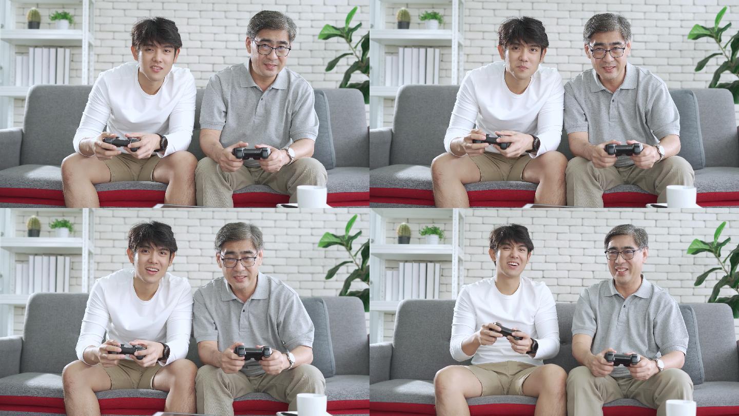 亚洲资深父亲和他的成年儿子喜欢在家里的客厅里一起玩电子游戏，享受，电子游戏，父母，家人