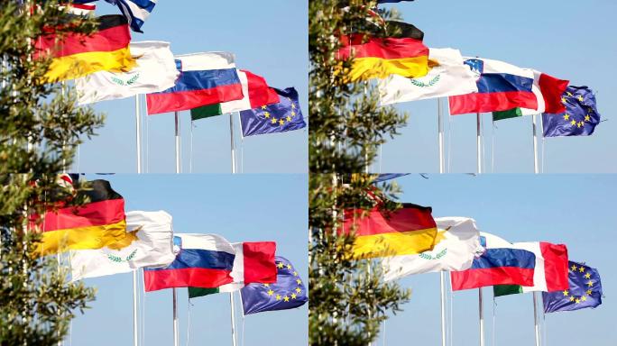 国际旗帜欧盟旗帜风中的国旗各国国旗