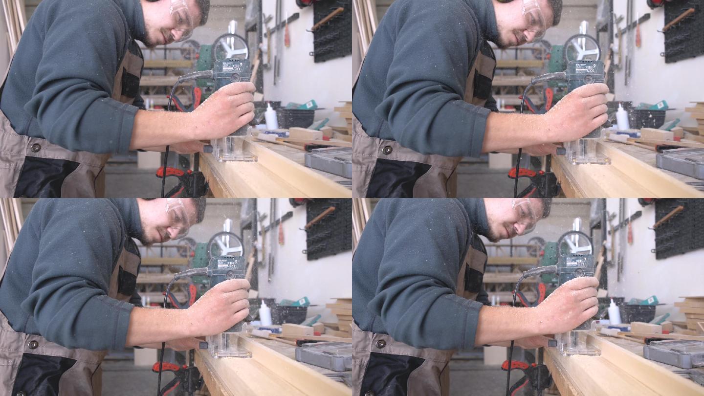 木工用手摇磨床在木板上工作