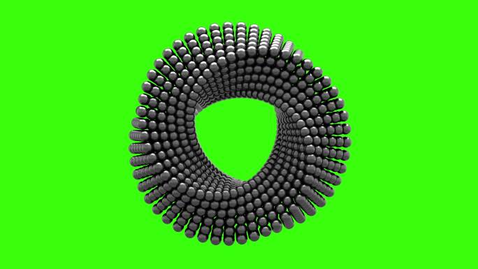 完美无缝环。未来派抽象催眠扭曲形状，旋转钢球。chromakey背景上的高质量3D渲染动画。